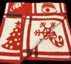 VTG Biederlack Christmas Blanket  Red Green White Tree Candle Snowflake 47”x54” - Picture 1 of 12