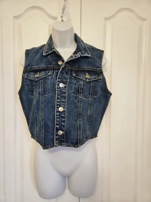 Colete Feminino Vintage Anos 90 Breaker Jeans Tamanho Pequeno Botão para Baixo Jeans Motociclista - Imagem 1 de 4