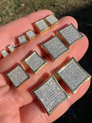 Square Kite Earrings Iced CZ Hip Hop Mens Ladies 4mm-18mm 14k Gold Plated - Image 1 of 4