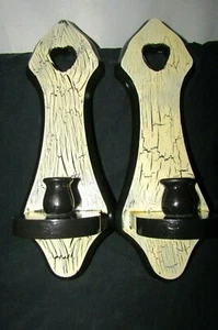 Primitive Crackle Painted Black&White Wall Hanging Wood Candle Holders Pair - Picture 1 of 12