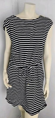 Michael Kors Stripe Zip Sleeve Drawstring Waist Dress Black & White Size M NWT - Image 1 of 4