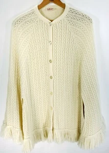 De Colección Sally Gee Cable Tejido Botón Flecos Chal Poncho Suéter Marfil Grandmancore - Imagen 1 de 10