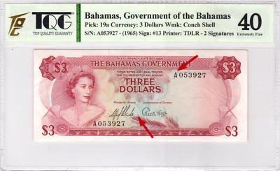 Mazuma *GN893 TQG Bahamas Queen Elizabeth QEII 1965 $3 A053927 1st Prefix EF40 - Image 1 of 2