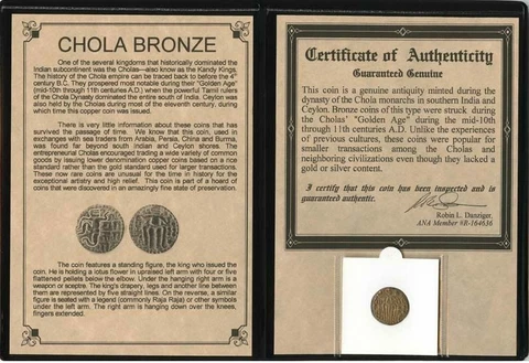 South India Chola Dynasty 11th CAD Bronze Coin COA & History & Album Included Cover