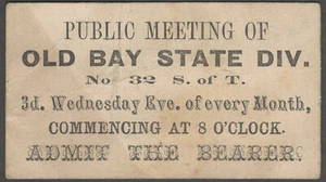 Tarjeta de admisión a reuniones Sons of Temperance Old Bay State Division Massachusetts - Imagen 1 de 1