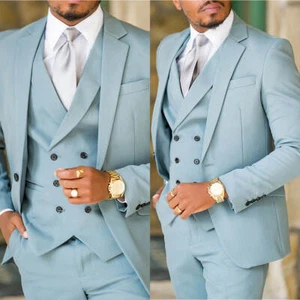 Traje de solapa de muesca para hombre de un solo pecho azul claro novio boda formal personalizado - Imagen 1 de 11