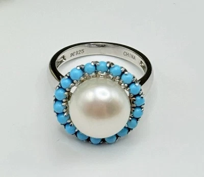 Honora 10 毫米珍珠戒指 带绿松石光环 签名 925 银戒指 尺寸 5 — 第 1/4 张图片