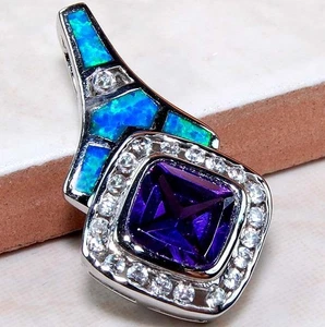 1CT Amethyst & Australian Opal 925 Sterling Silver Pendant GA9 - Picture 1 of 1