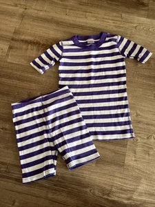 Hanna Andersson Two Piece Pajamas Shorts Striped Size 130 US 8 Purple White EUC - Picture 1 of 3