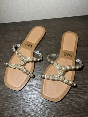 ZARA Women’s Vinyl Pearl Tan Slide Sandals Size 39 (8) - Image 1 of 4