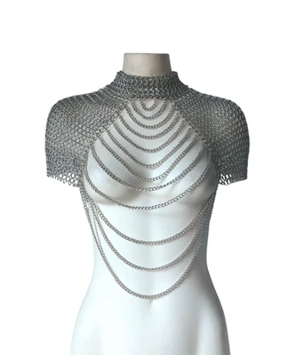 Medieval Aluminum Chainmail Crop Top with Chains – Butted Chainmail Shoulder - Image 1 of 4