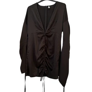 PrettyLittleThing Black Ruched Front Mini Dress UK18 Long Sleeve V-Neck - Picture 1 of 7
