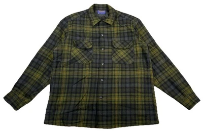 Vintage Pendleton Wool Board Shirt Green Plaid Loop Collar Men’s Large 60’s USA - Image 1 of 4