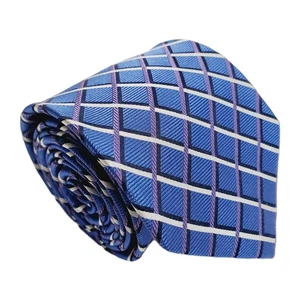 Corbata de seda en punta Stafford azul a cuadros para hombre tela jacquard 58x3,75" - Imagen 1 de 5