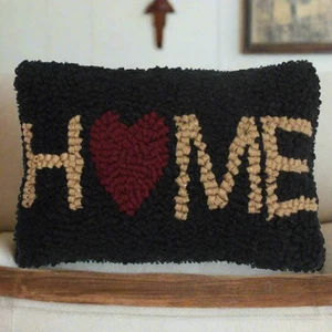 Primitive/Country Folk art Hooked Home with Heart Hooked 8" x 12" Pillow - Picture 1 of 3