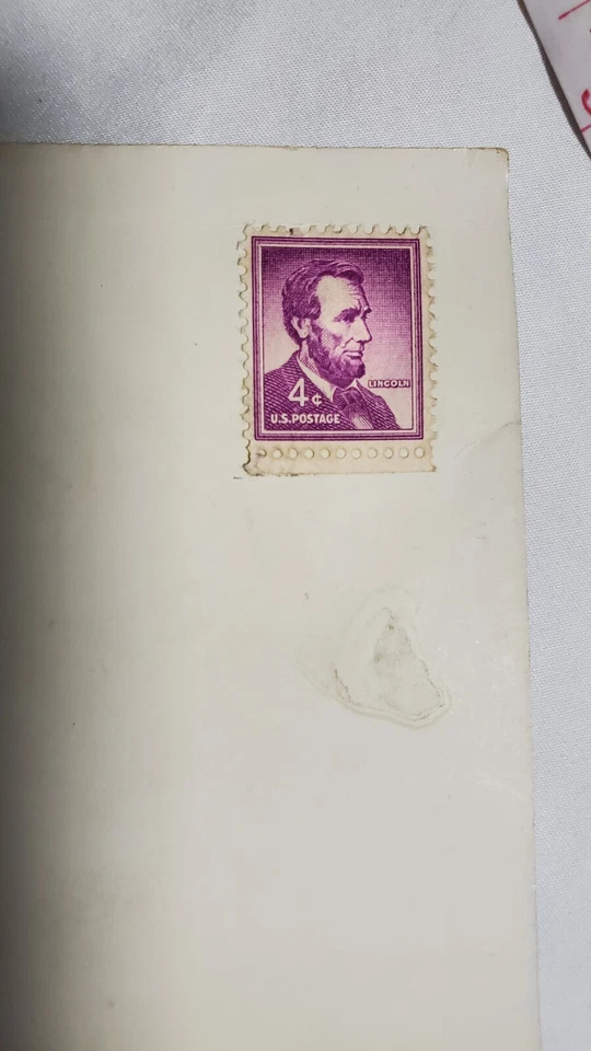 Abraham Lincoln 4 Cent US Postage Stamp Rare on Vintage Hidden Valley Postcard  - Image 1 of 4