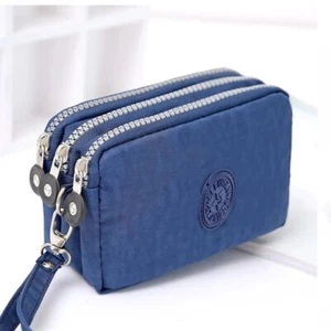 Solid Color Coin Purse Women Small Wallet Wrinkle Fabric Phone Purse 3 Zippers - Picture 1 of 17
