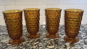Vintage 4 Lot Indiana Glass 6" Amber Whitehall Colony Cubist Water Tea Glasses - Picture 1 of 9