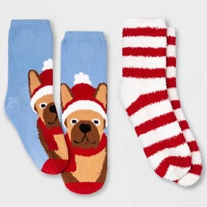Kids' M/L 2pk Dog Cozy Crew Socks - Wondershop Blue/Red Xmas Holiday - Picture 1 of 4