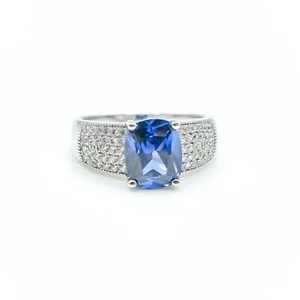 Sterling Silver Blue Iolite And Pave Zirconia Solitaire Ring Size 8 - Picture 1 of 6
