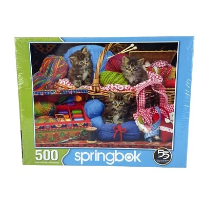 Springbok 500 pc Jigsaw Puzzle NEW/SEALED "Sew Cute" Kittens Yarn Colorful, Toy - Image 1 of 4