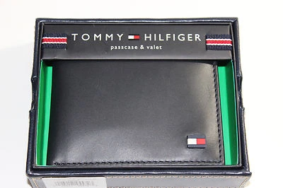NUEVO TOMMY HILFIGER Para hombres Azul Marino 100% Cuero PASSCASE Billetera Billetera con Valet $125 Foto 1 de 4