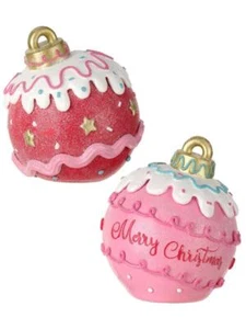 6.5" Pink Red Iced Candy Bauble MERRY CHRISTMAS Village Figure Set of 2 - Picture 1 of 1