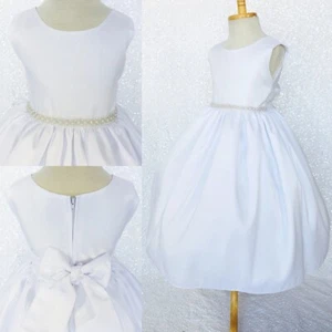 Sleeveless White Shantung Pearl Dress Wedding Birthday Pageant Flower Girl 2 4 6 - Picture 1 of 10