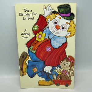 Vtg Walking Clown Paper Doll Greeting Card Birthday Monkey Banana Unused READ