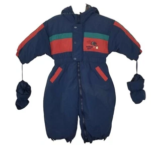 OshKosh B'Gosh Vintage Boys 18 Month Navy Hooded Flannel Lined Snowsuit Mittens - Picture 1 of 11