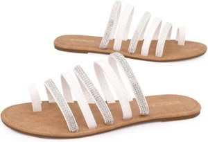 Sandals Women's Rhinestone Strappy Slide On Flat Open Toe BENEKER White US 8 NEW - Picture 1 of 8