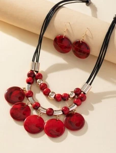 Boho Acrylic Red Bead Round Pendant Statement Jewelry Set #174 - Picture 1 of 3