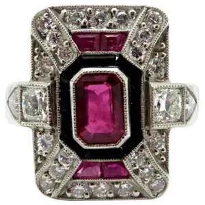 Art Deco Style Lab Created Diamond Antique Estate Ruby and Onyx 925 Silver Ring - Picture 1 of 13