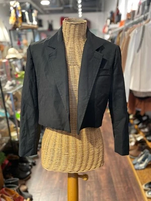 Saint Laurent Black Cotton Shoulder pads cropped Blazer - Image 1 of 4