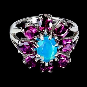 925 Sterling Silver Ring Oval Blue Opal 8x6mm Rhodolite Gemstone Jewelry Size 9 - Picture 1 of 13