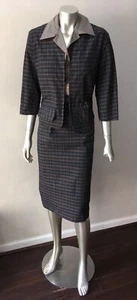 Plaid Mod 2 piece Vintage 50s Retro Gogo Secretary Dress Belt Jacket Blue Suit M - Picture 1 of 6
