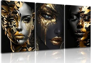 Black Gold Woman Wall Art Fashion African American Girl 12x16in, Canvas - Picture 1 of 6