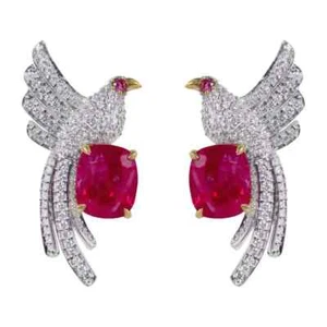 Simulated 3.69CT Pigeon Blood Ruby & White Sapphires Royal Parrot Stud Earrings - Picture 1 of 8