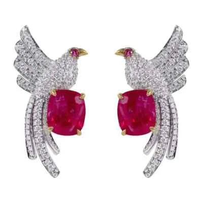 Simulated 3.69CT Pigeon Blood Ruby & White Sapphires Royal Parrot Stud Earrings - Image 1 of 4