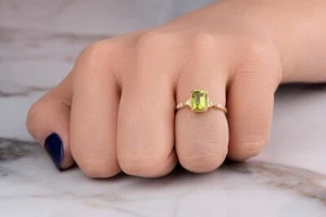 Vintage Emerald Cut Peridot 14K Yellow Gold Plated On 925 Silver Engagement Ring - Picture 1 of 9