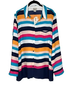 NWT Chicos Womens Striped Miri Colored Blouse 2(12/14) Button Front Semi Sheer - Image 1 of 4