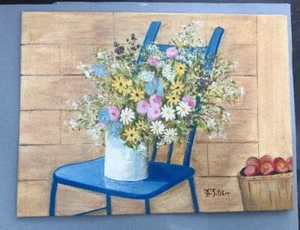 Silla Azul Manzanas Vintage Pintura al Óleo Impresionista País Francés - Imagen 1 de 10