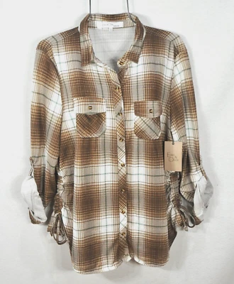 Eden & Olivia Anthropologie Maternity Shirt XL Plaid Blouse Brown Flannel NWT - Image 1 of 4