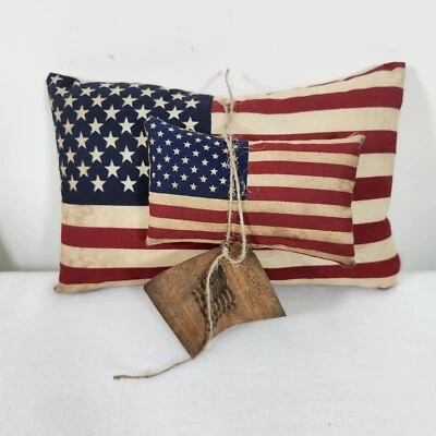 Handmade Tea Stained Red White Blue Flag Design Set Small Decorative Pillows NEW - Image 1 of 4