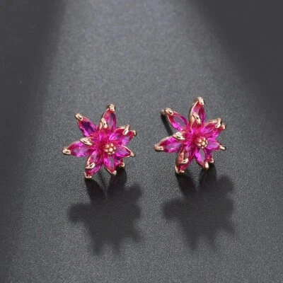Rose Gold Plated Hot Pink Fuchsia CZ Layered Petal 10mm Flower Stud Earrings - Image 1 of 4