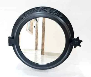 40.64 cm Antique Brown Heavy Canal Boat Porthole Window Ship Black Round Mirror - Picture 1 of 4