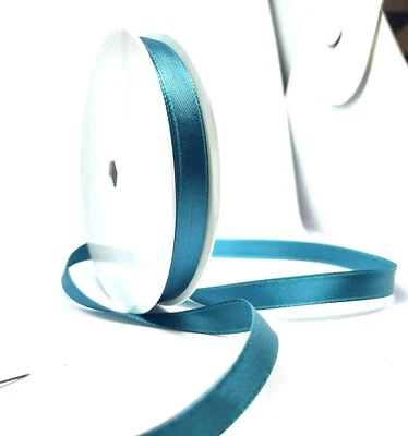 Sea Green Double Satin Ribbon 10mm 3/8” Per 2 Mtrs Woven Edge Poly Panda - Image 1 of 3