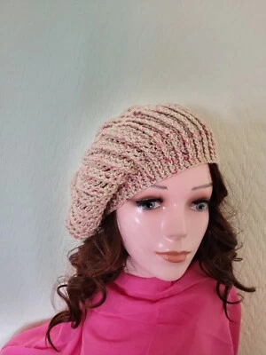 Handmade Crochet Beret Hat Women  Cotton Soft  Size M/L  Creamy — 第 1/4 张图片