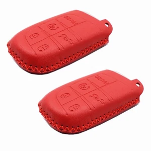2Pcs Red Leather For Dodge Charger Jeep Cherokee Chrysler 5 Buttons Key Fob - Picture 1 of 4