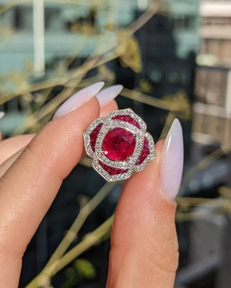 Solid 14K White Gold Cushion Cut 2.80 Ct Natural Ruby & Diamond Wedding Ring - Image 1 of 4